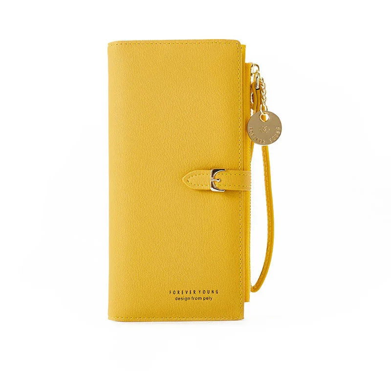 Yellow leather wallet with wrist strap, buckle detail and Forever Young logo