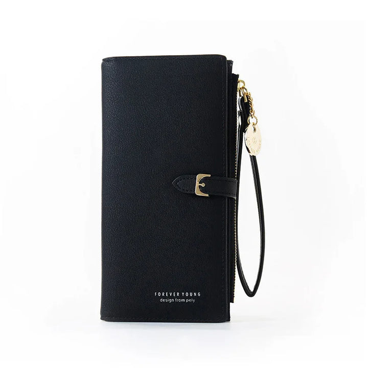 Black Forever Young wristlet wallet with gold buckle and zipper charm on white background