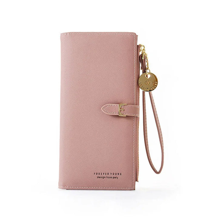 Pink leather wristlet wallet with gold buckle and chain charm, FOREVER YOUNG logo