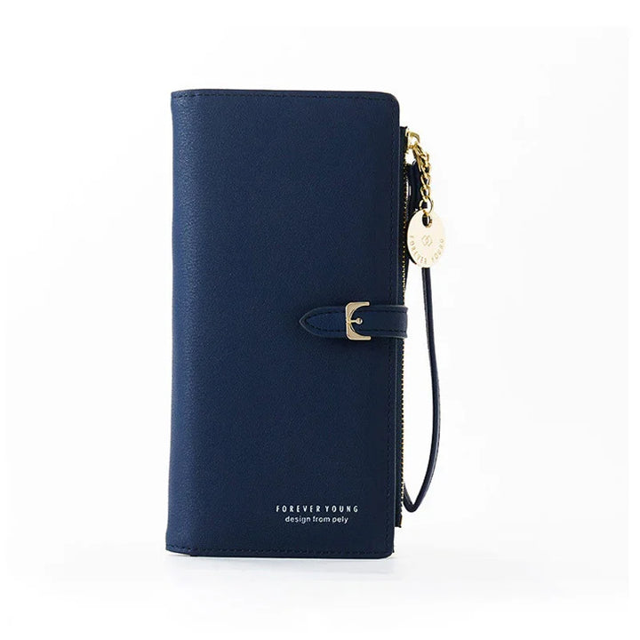 Navy blue Forever Young leather wallet with gold zipper and wrist strap on white background