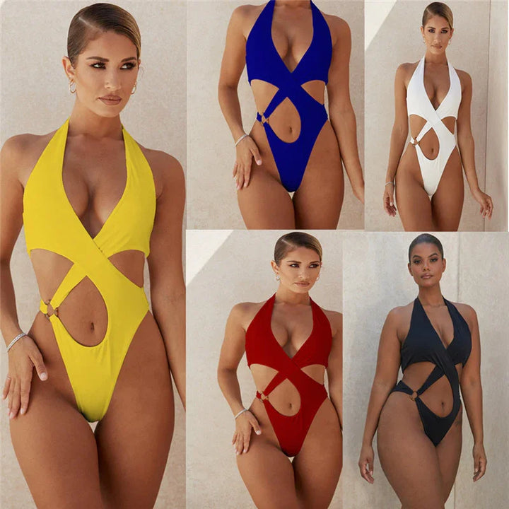 Women modeling halter neck cutout one-piece swimsuits in yellow, blue, white, red, and black against plain background