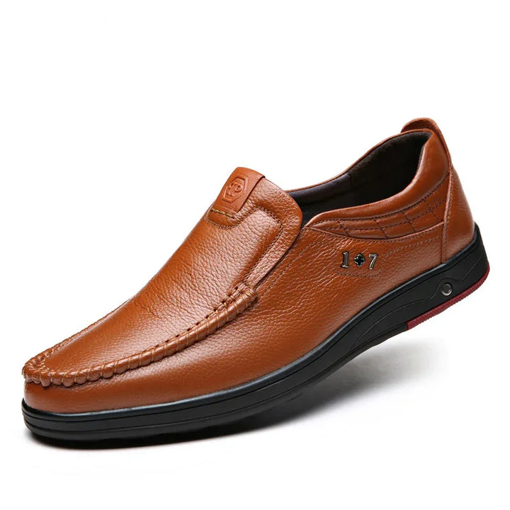 Brown leather slip-on men's casual loafer with black sole and 1+7 logo detail