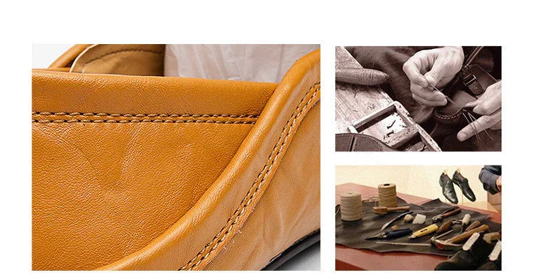 Close-up of tan leather shoe detail with stitching, artisan hands sewing, and shoemaking tools on table