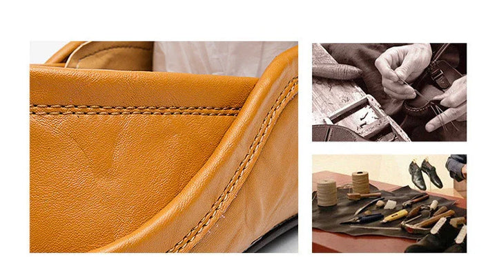 Close-up of tan leather shoe detail with stitching, artisan hands sewing, and shoemaking tools on table