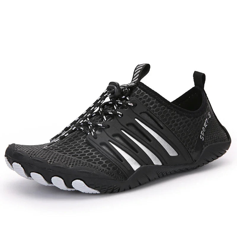 Black water shoes with mesh upper, adjustable bungee laces, and white sole accents for sports activities