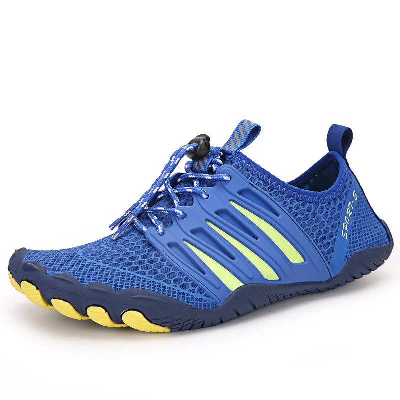 Blue lightweight water sports shoe with breathable mesh, yellow sole accents, and adjustable laces