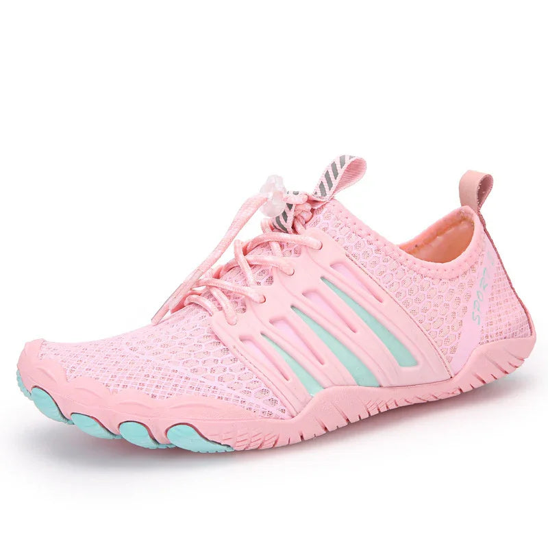 Pink breathable mesh water shoes with aqua accents and quick lace closure for outdoor sports