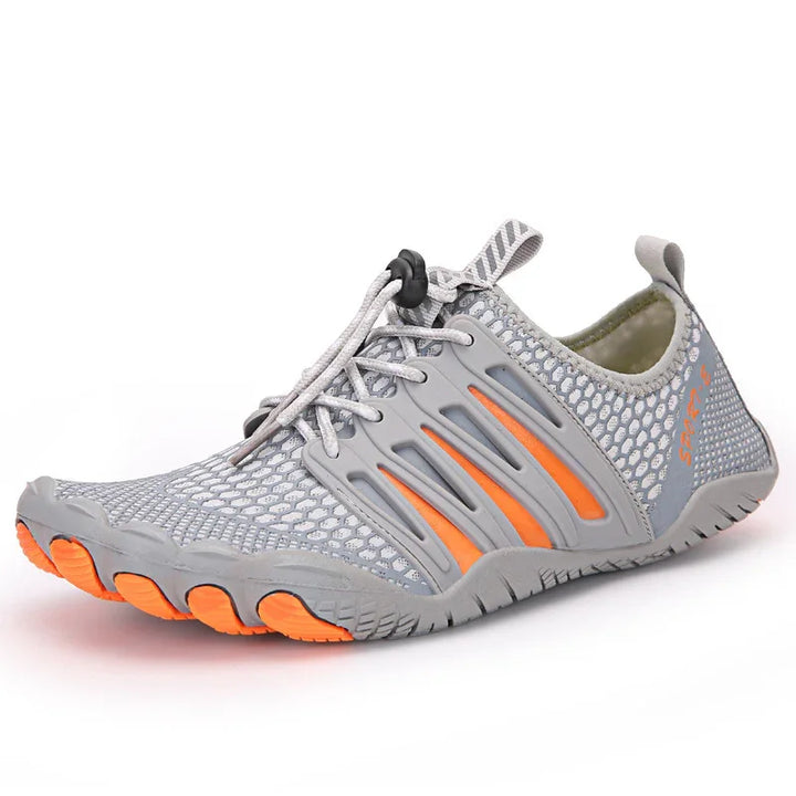 Gray and orange lightweight sport water shoe with mesh fabric and adjustable bungee laces.