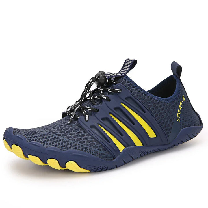 Navy blue and yellow lightweight sports shoe with breathable mesh upper and slip-on design