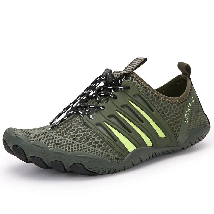 Olive green breathable water shoe with black and white laces and flexible sole for outdoor sports