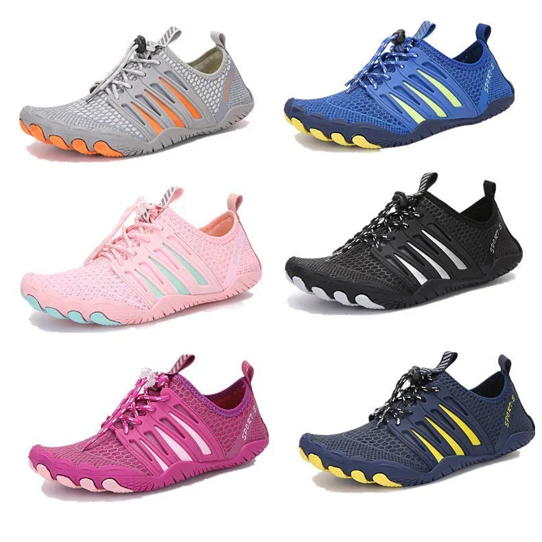 Six lightweight breathable water shoes in gray, blue, pink, black, dark pink, and navy with flexible soles