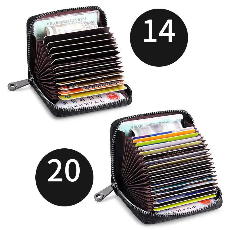 Compact black zippered accordion card holder wallet with 14 and 20 card slots, storing ID and credit cards