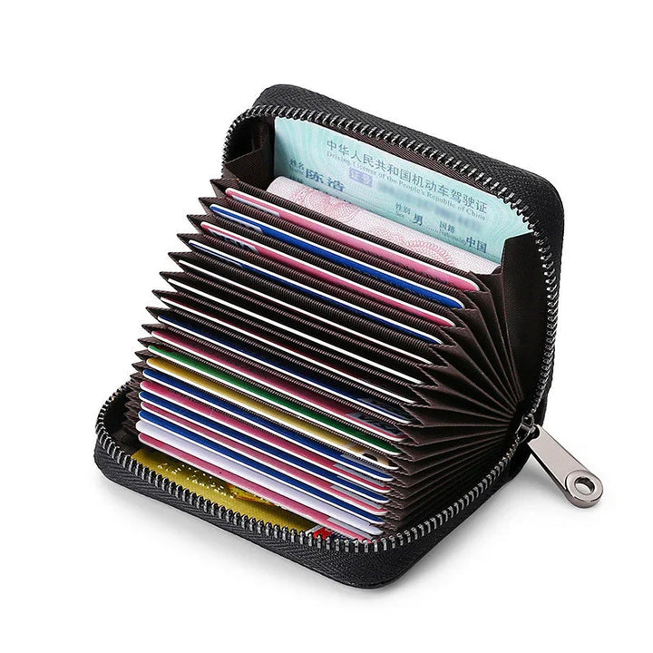 Compact black zip wallet organizer with multiple card slots holding various credit cards and a Chinese driver's license