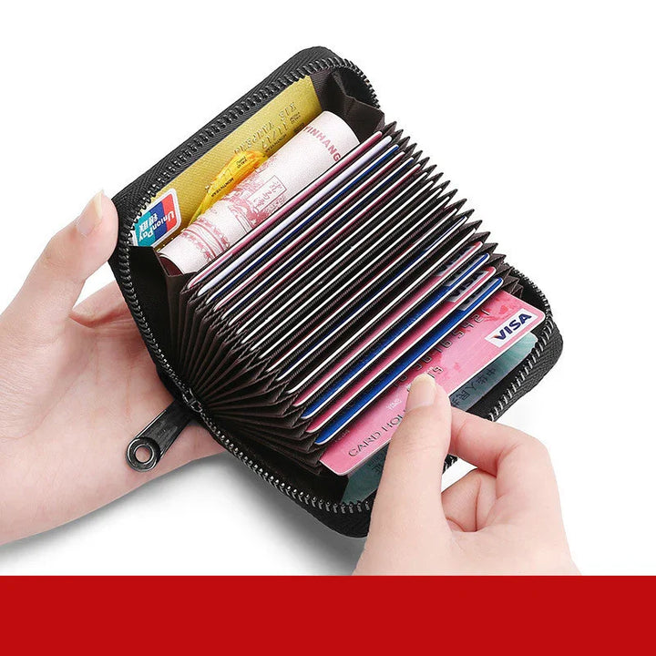 Hand holding black zippered accordion card holder wallet with multiple credit and bank cards inside