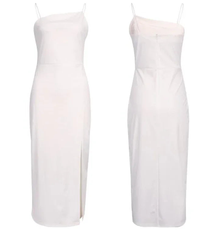 Front and back views of a white sleeveless midi dress with spaghetti straps and a side slit