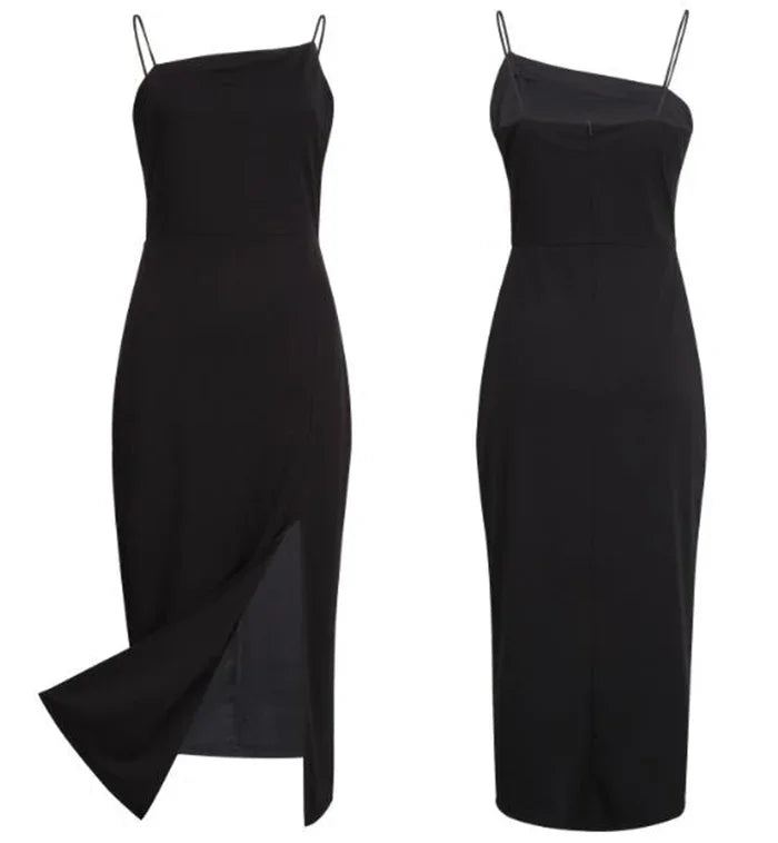 Black sleeveless midi dress with spaghetti straps and front slit, front and back views