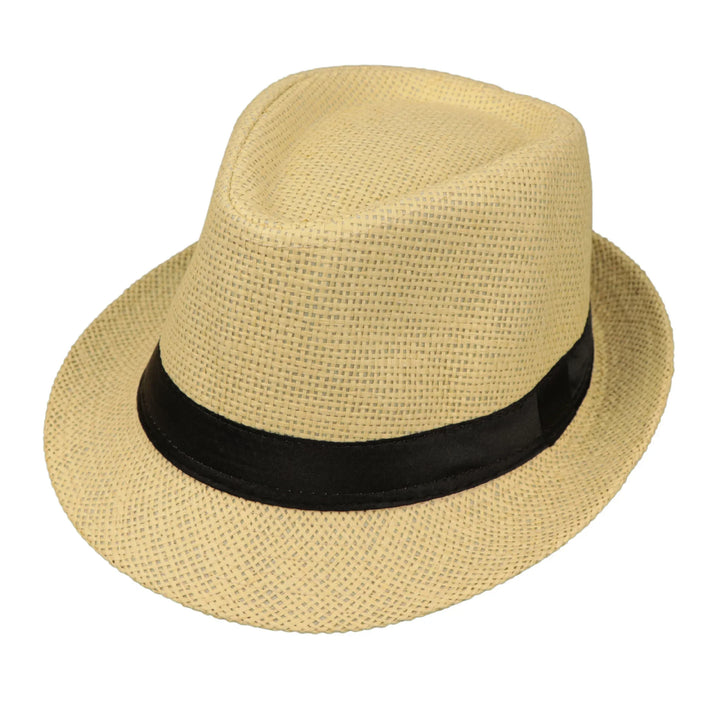 Beige woven fedora hat with a black ribbon band on white background