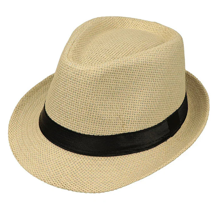 Beige woven straw fedora hat with a black ribbon band