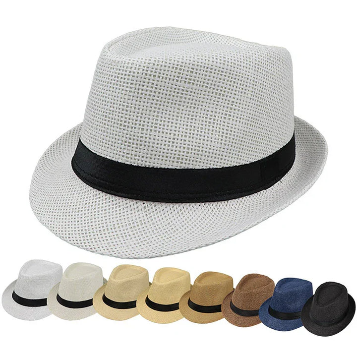 White woven fedora hat with black band, plus six additional color options including beige, brown, navy, and black