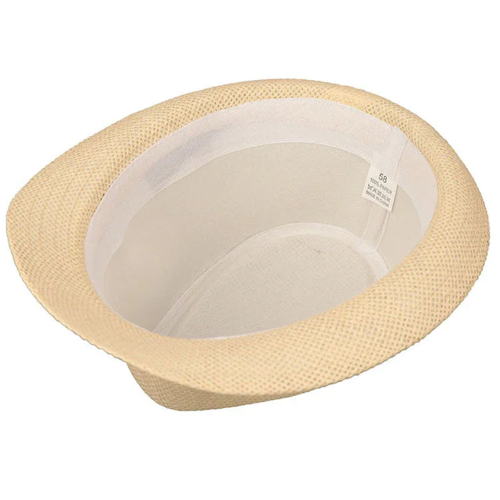 Beige woven paper fedora hat with white inner lining and size label inside