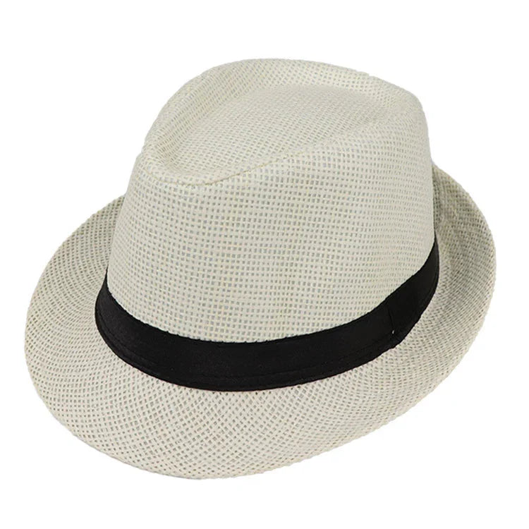 Beige woven fedora hat with black band, stylish summer accessory
