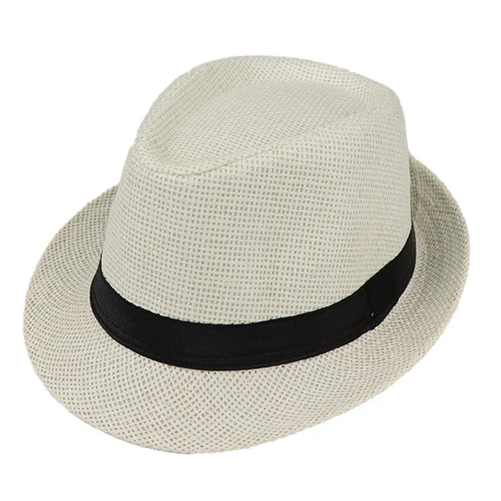 Beige woven fedora hat with black band, stylish summer accessory