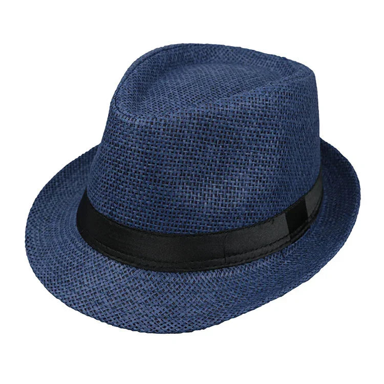 Blue woven fedora hat with black band on white background