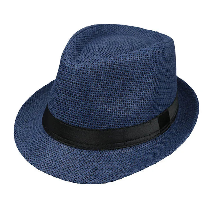 Blue woven fedora hat with black band on white background