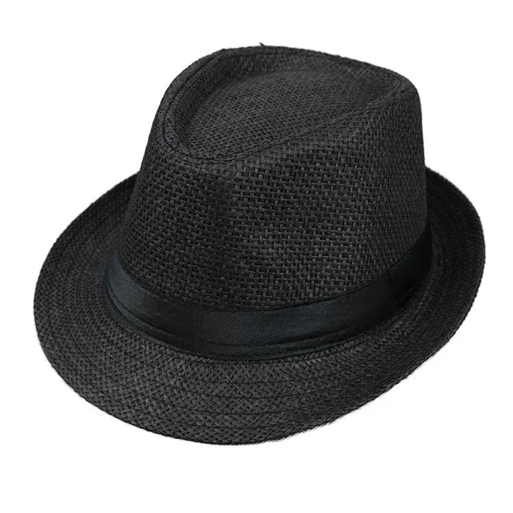 Black woven fedora hat with a black ribbon band on a white background