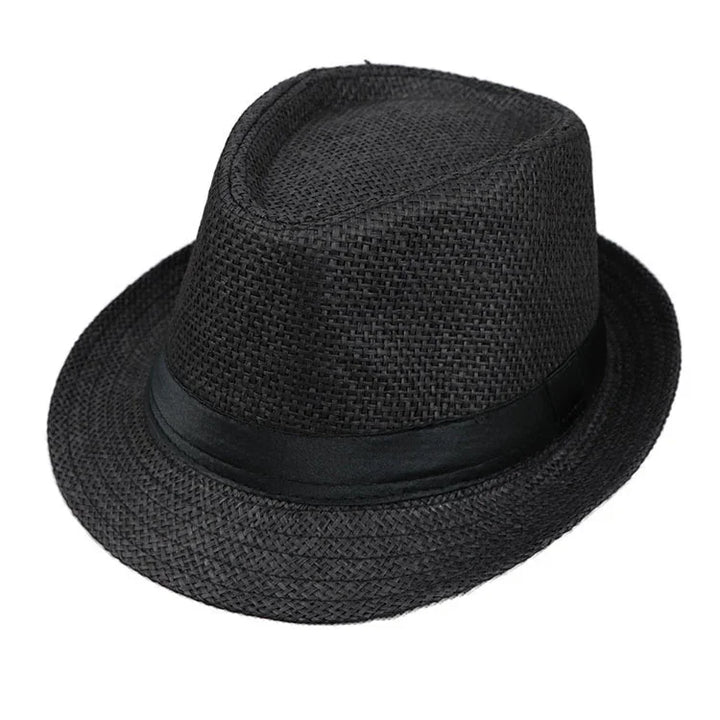 Black woven fedora hat with a black ribbon band on a white background