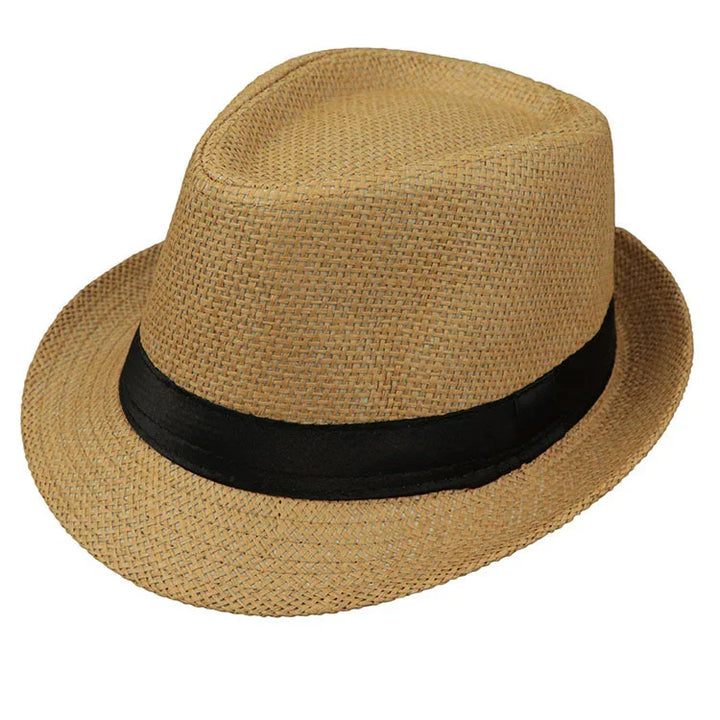 Brown woven fedora hat with black band, stylish summer accessory on white background