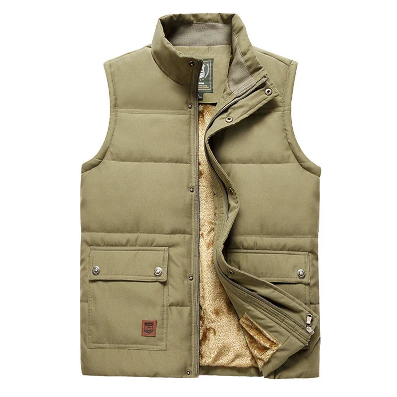 olive green padded sleeveless vest with front pockets and soft beige fleece lining