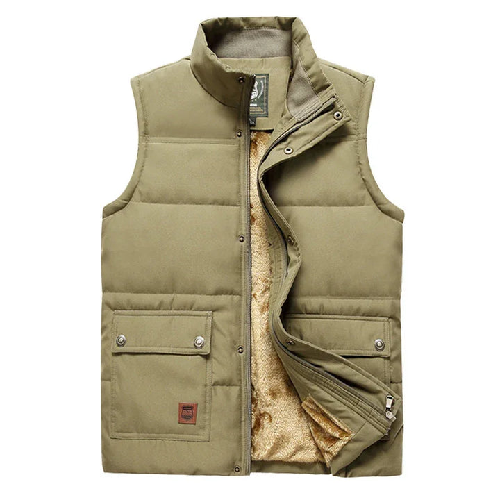 olive green padded sleeveless vest with front pockets and soft beige fleece lining