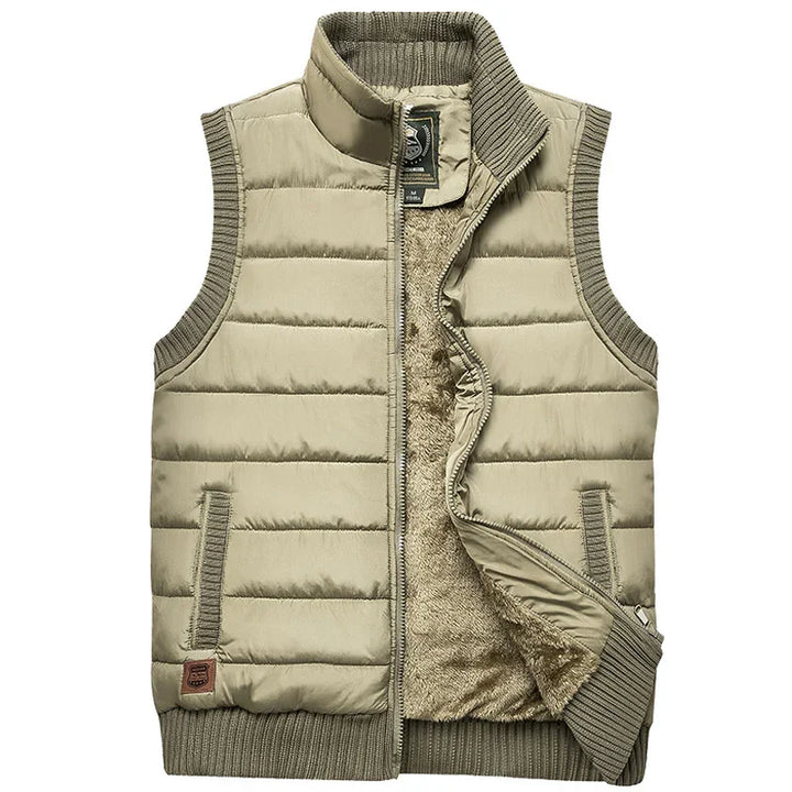 Beige quilted men's vest with zippered front, knitted collar and armholes, soft fleece lining