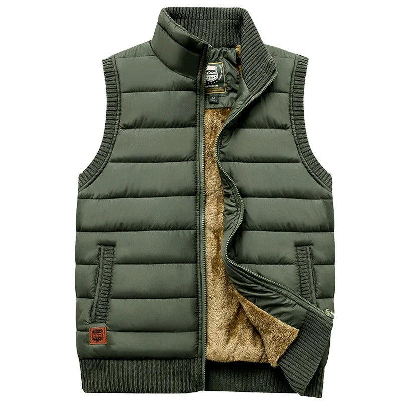 olive green quilted sleeveless vest with zipper and soft brown inner fleece lining