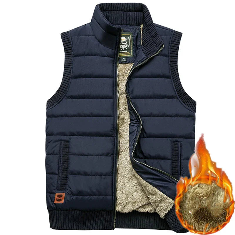 Men's navy blue quilted vest with zip front and warm beige fleece lining for winter