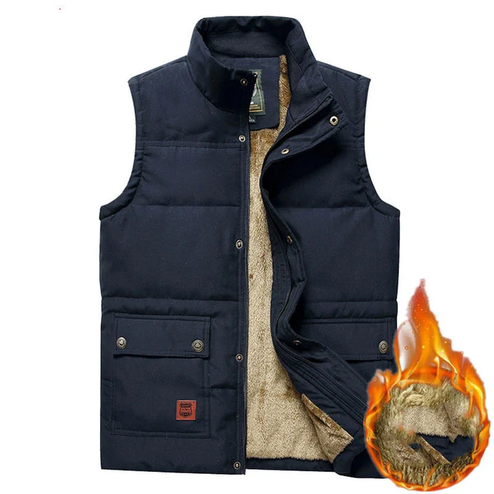 black padded winter vest with soft beige fleece lining and front snap pockets for men