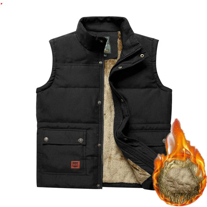 Black insulated winter vest with beige fleece lining, button pockets, and warm thermal insulation