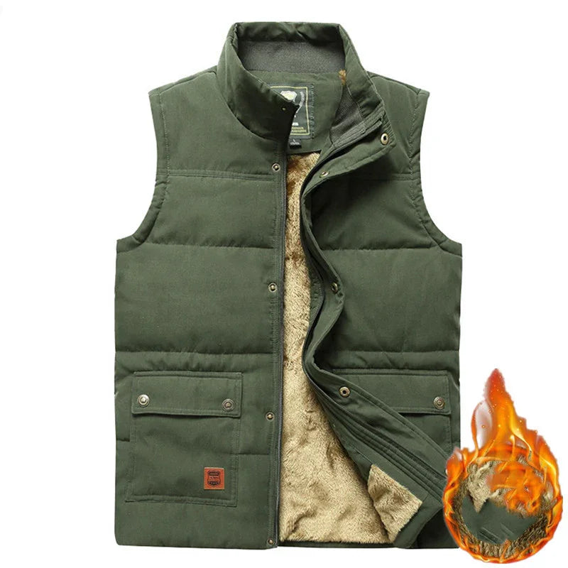 Olive green padded winter vest with faux fur lining and snap button pockets, flame symbol for warmth