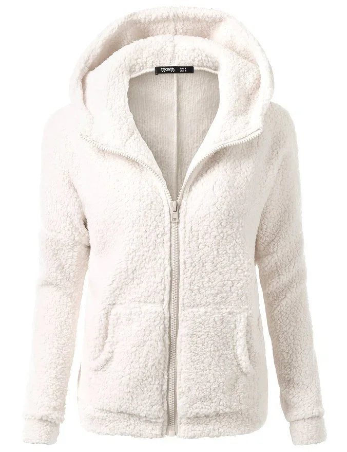 White sherpa fleece hooded jacket with front zipper and pockets, cozy winter outerwear