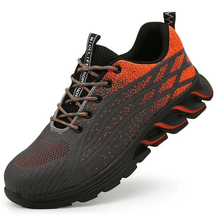 black and orange athletic sneaker with breathable knit upper and rugged sole