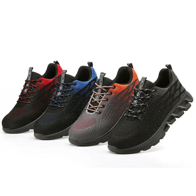 Four pairs of modern athletic sneakers in black with red, blue, orange, and grey accents, with unique wavy soles