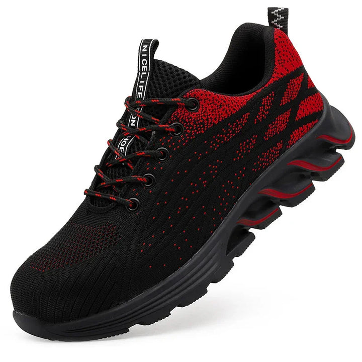 Black and red athletic running shoe with breathable knit upper and unique segmented sole design