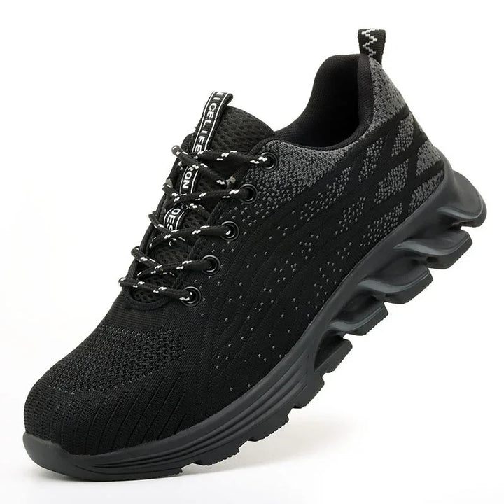 Black athletic running shoe with knit upper, lace-up design, and cushioned sole for comfort