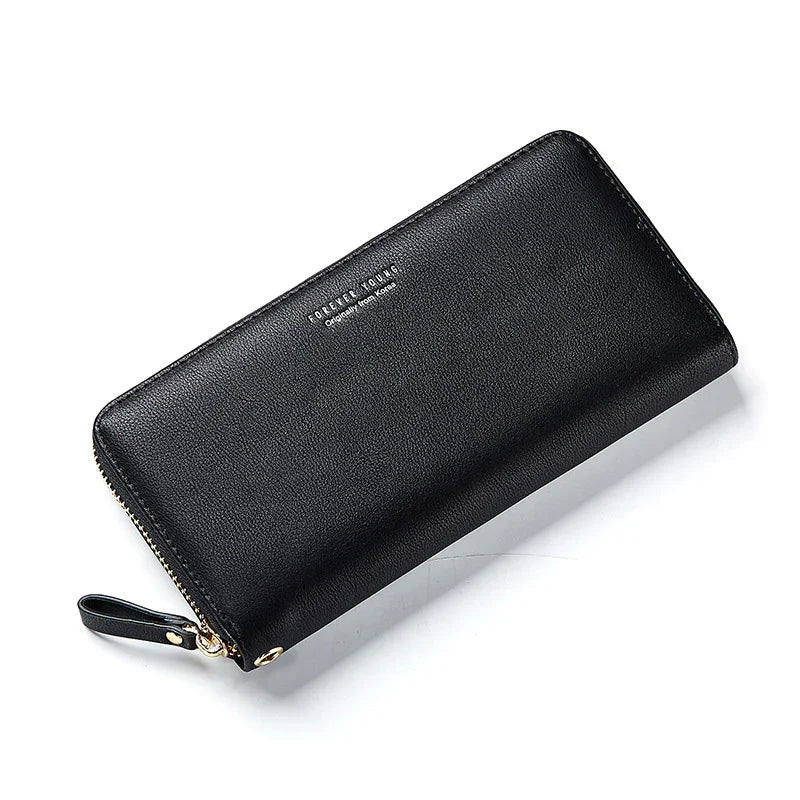 Black leather zip wallet with wrist strap and silver text branding on white background