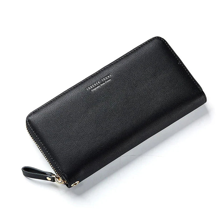 Black leather zip wallet with wrist strap and silver text branding on white background