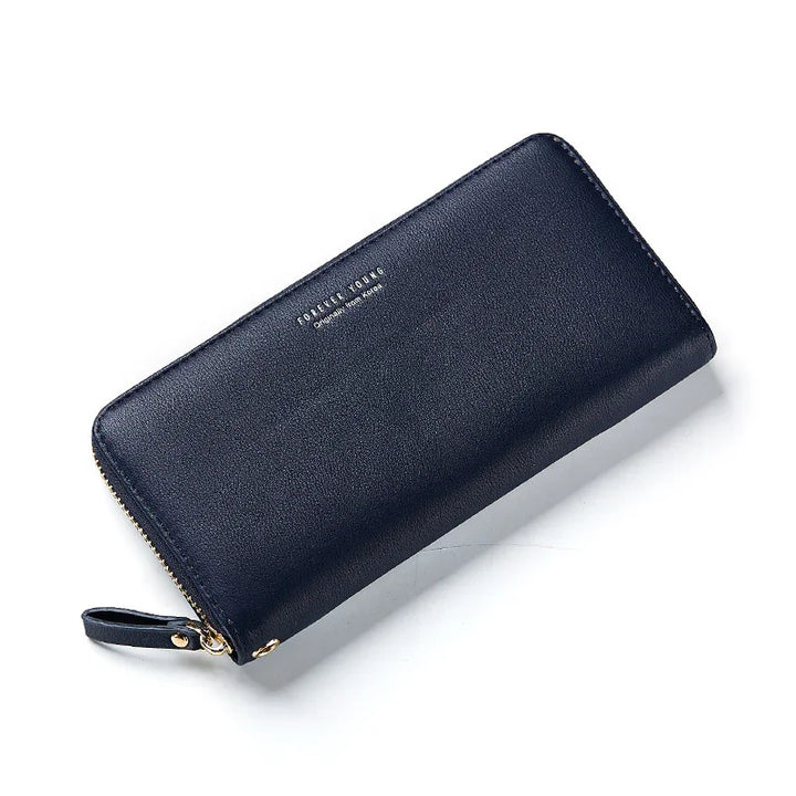 sleek black leather zip-around wallet with gold zipper and wrist strap on white background