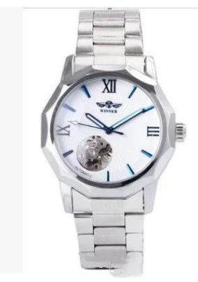 Elegant silver wristwatch with white dial, Roman numerals, blue hands, and visible mechanical movement