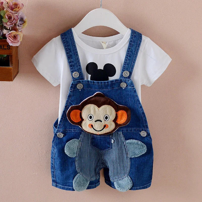 Cute toddler denim overalls with monkey patch and white T-shirt featuring black Mickey Mouse print
