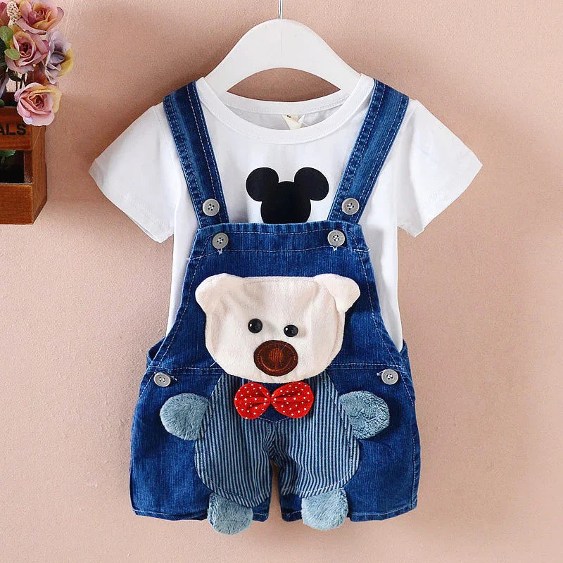 Cute baby denim overalls with teddy bear applique and white T-shirt with black mouse silhouette